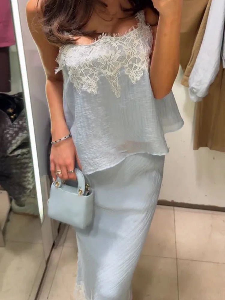 Celeste Lace-Spliced Midi Set | Women's Crop Top & Skirt