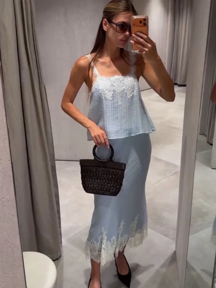 Celeste Lace-Spliced Midi Set | Women's Crop Top & Skirt