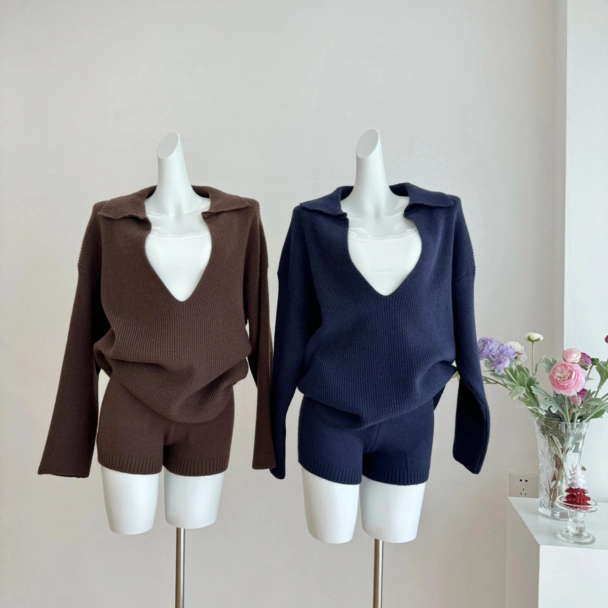 Jeannette Knit Sweater Set | Women's V-Neck Shorts Suit