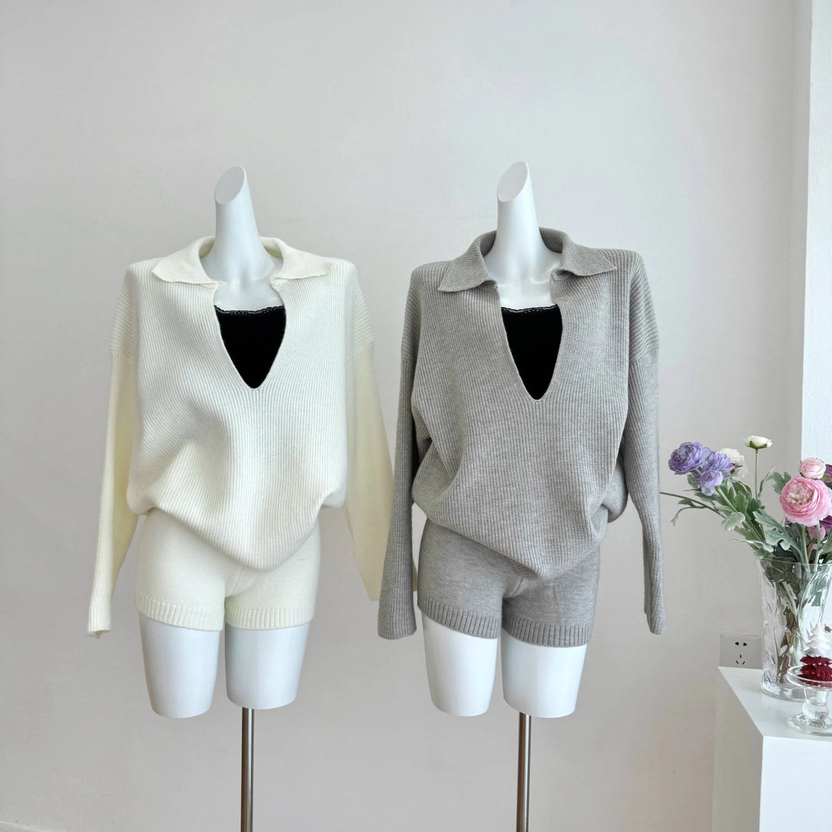 Jeannette Knit Sweater Set | Women's V-Neck Shorts Suit