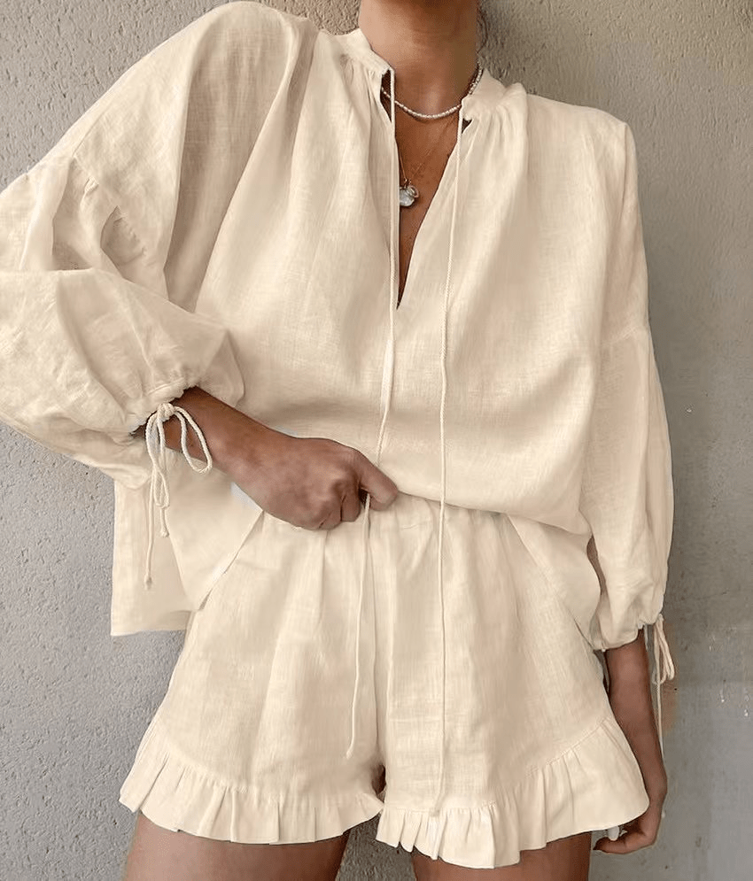 Nina Ruffled Lounge Set | Women's Long Sleeve Shorts Set