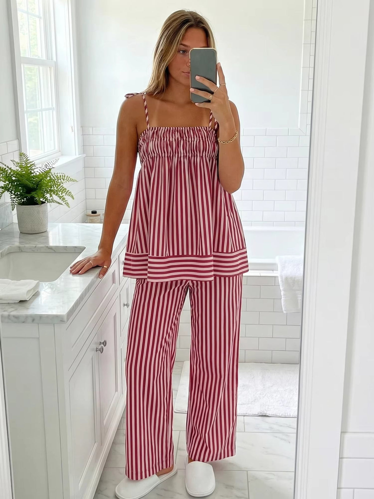 Jasmin Striped Pyjama Set | Women's Tie-Shoulder Two-Piece