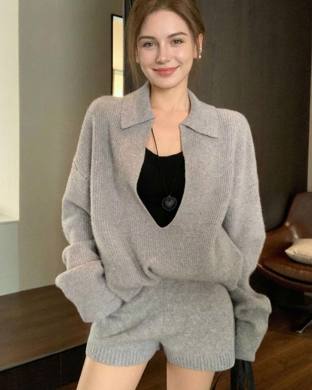 Jeannette Knit Sweater Set | Women's V-Neck Shorts Suit