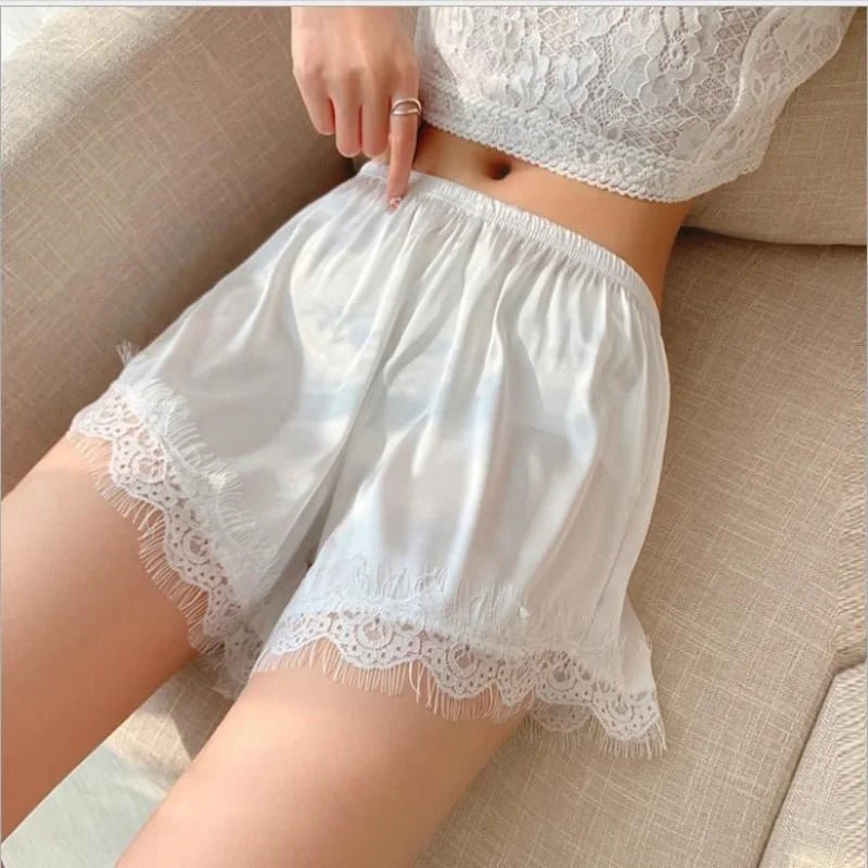 Elaine Lace-Trim Satin Shorts | Women's Low-Rise Lounge Shorts
