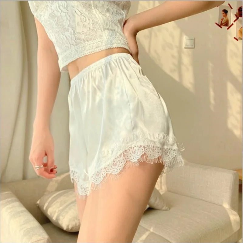 Elaine Lace-Trim Satin Shorts | Women's Low-Rise Lounge Shorts