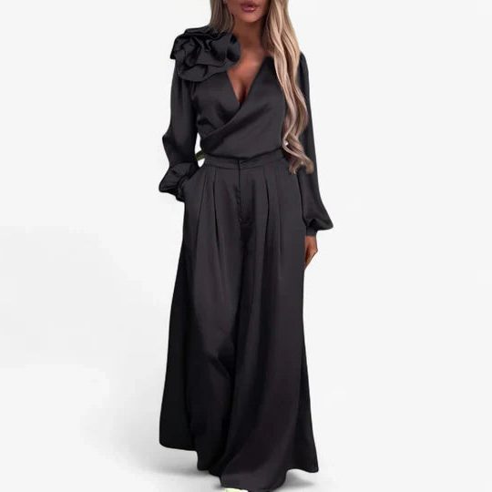 Ophelia Ruffle-Shoulder Wide-Leg Set | Women's V-Neck Two-Piece